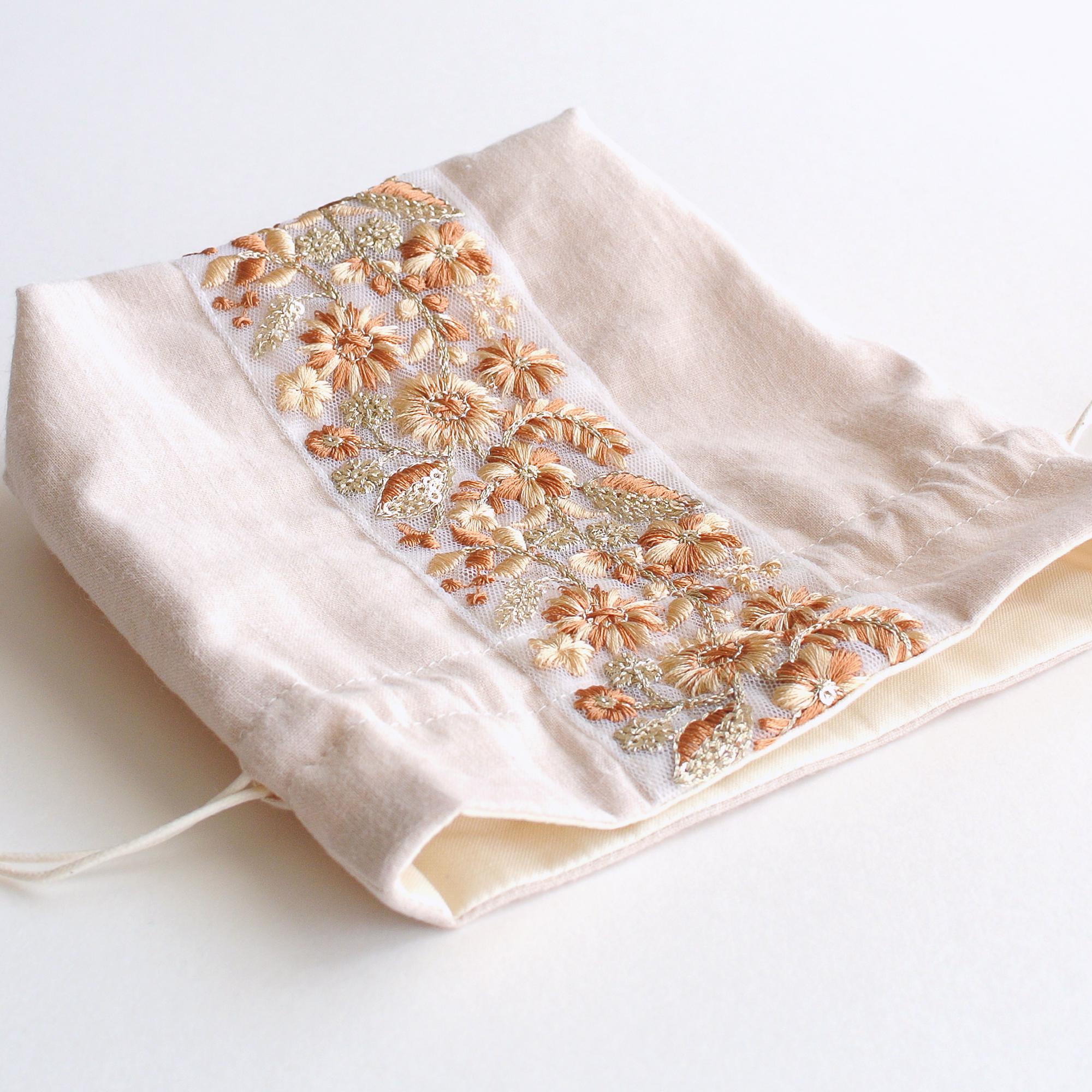 インド刺繍リボンのマチのある巾着ポーチ 　ライトベージュ | 5枚目
