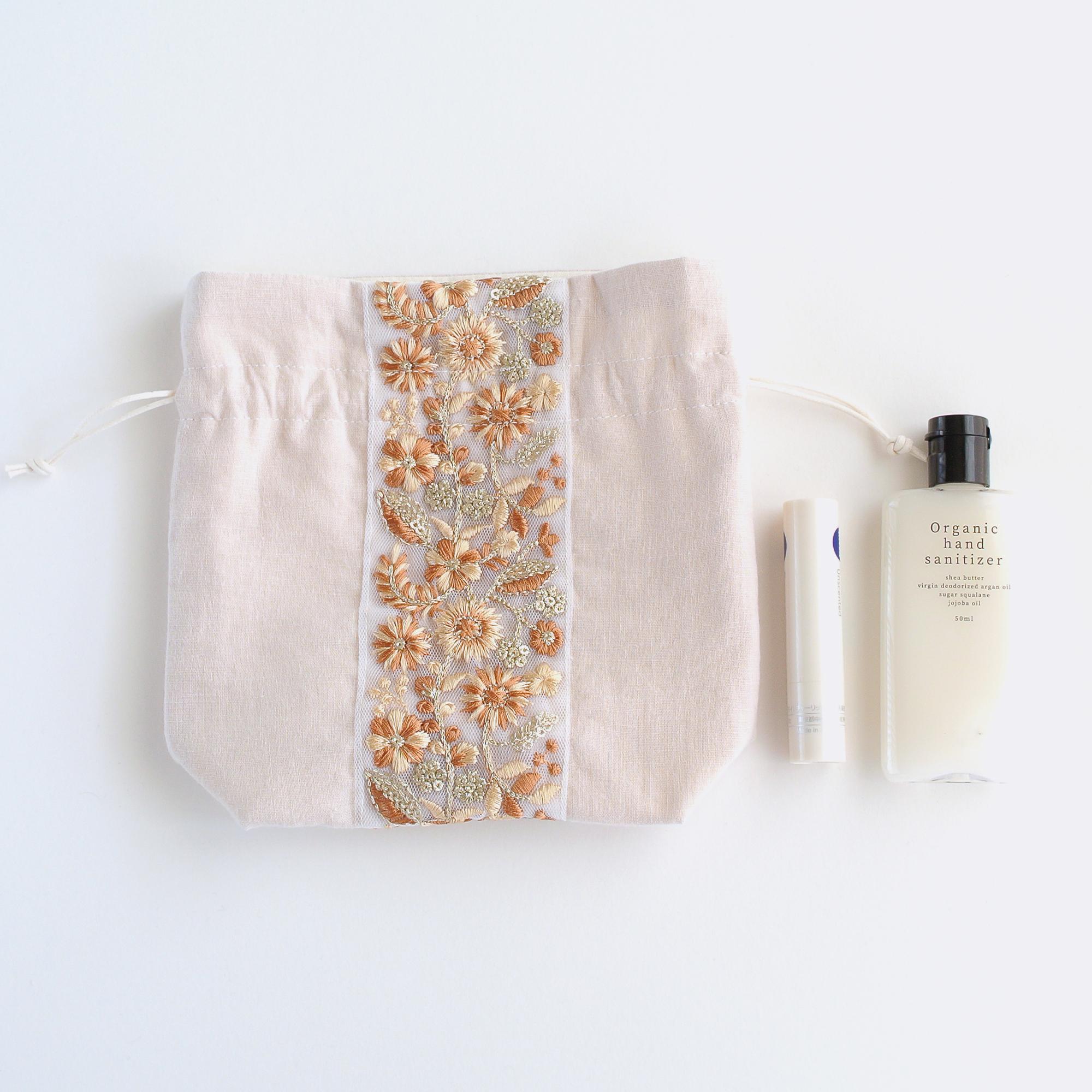 インド刺繍リボンのマチのある巾着ポーチ 　ライトベージュ | 8枚目