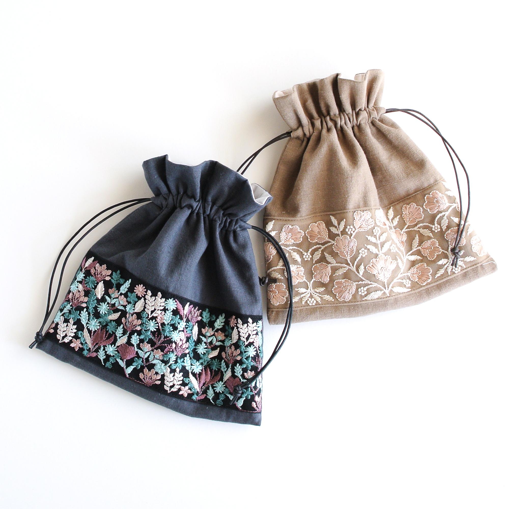 インド刺繍リボンの巾着ポーチ  　チャコール | 9枚目