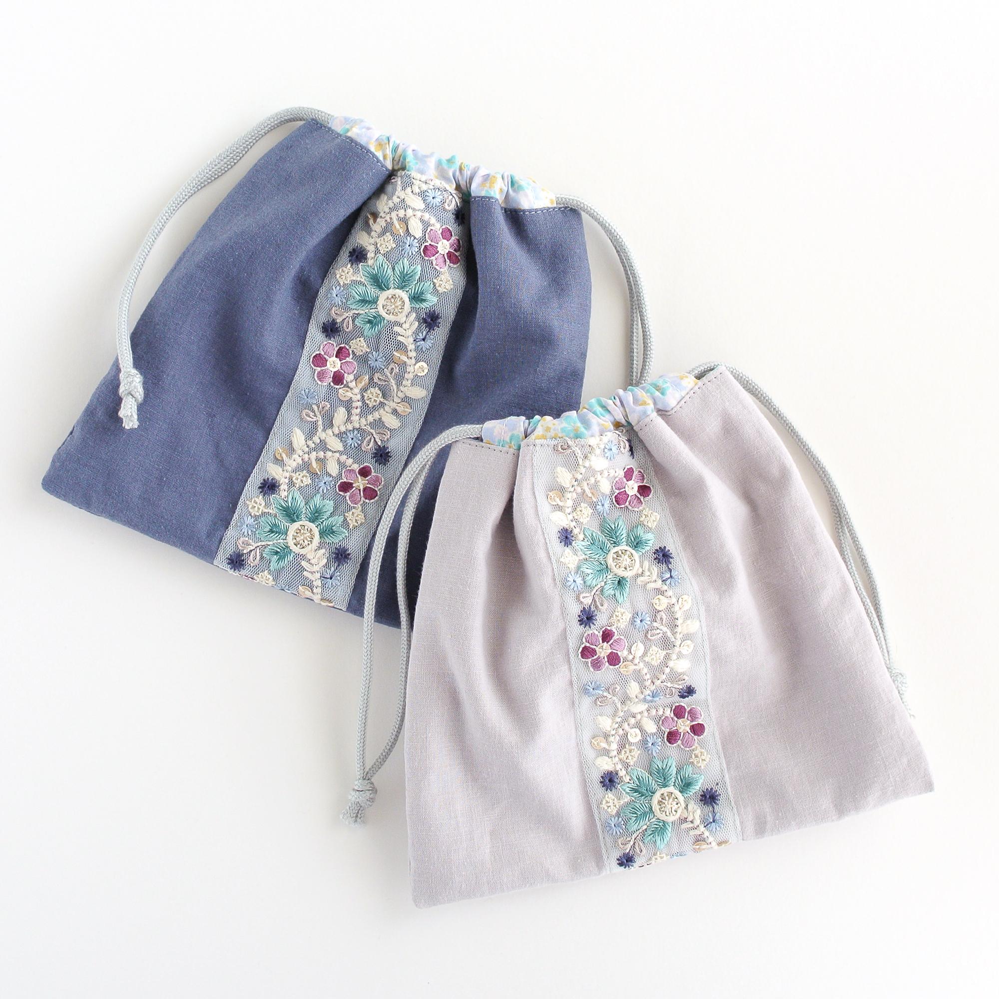 インド刺繍リボンの巾着  　くすみブルー | 9枚目