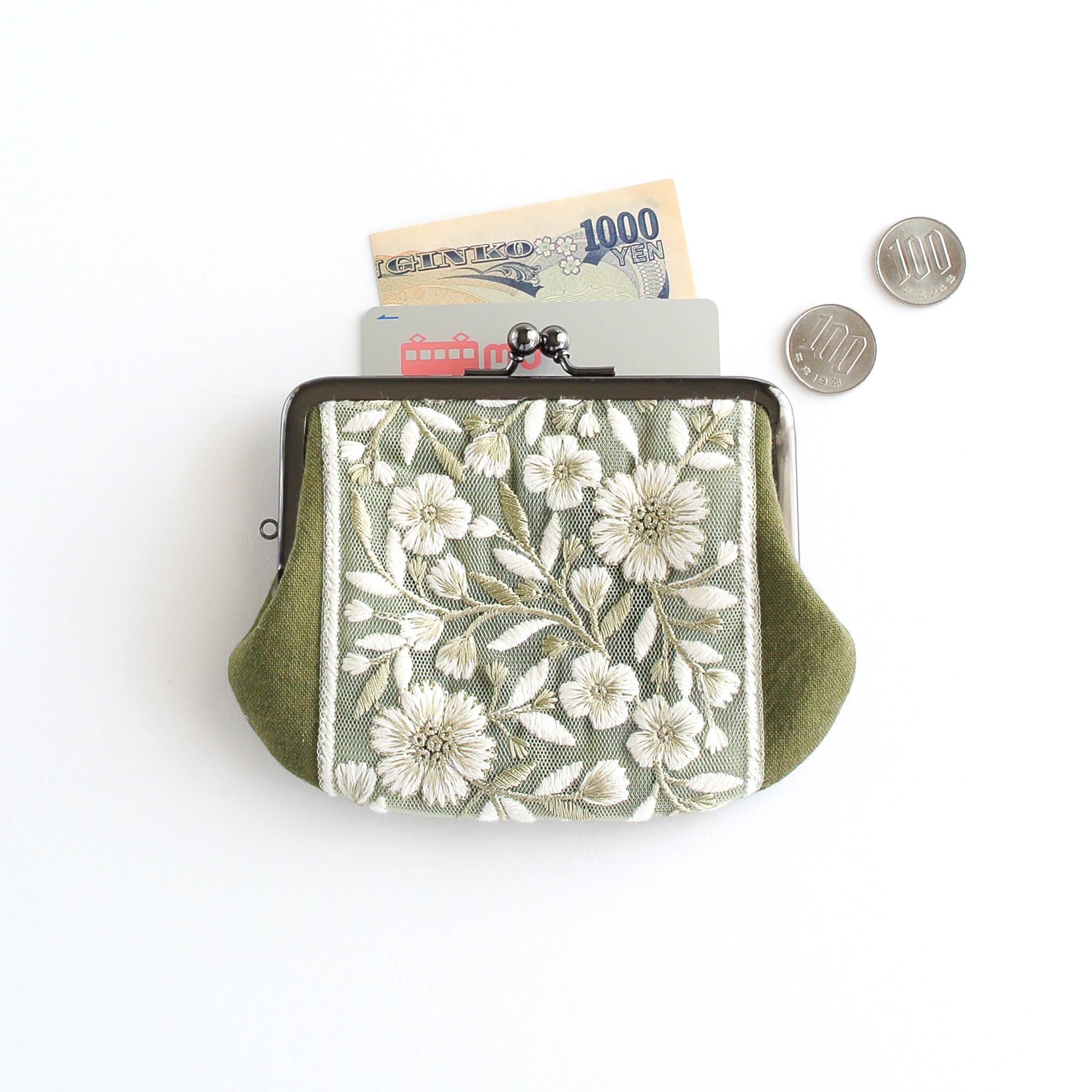インド刺繍リボンのがま口ポーチ/お財布　モスグリーン | 8枚目