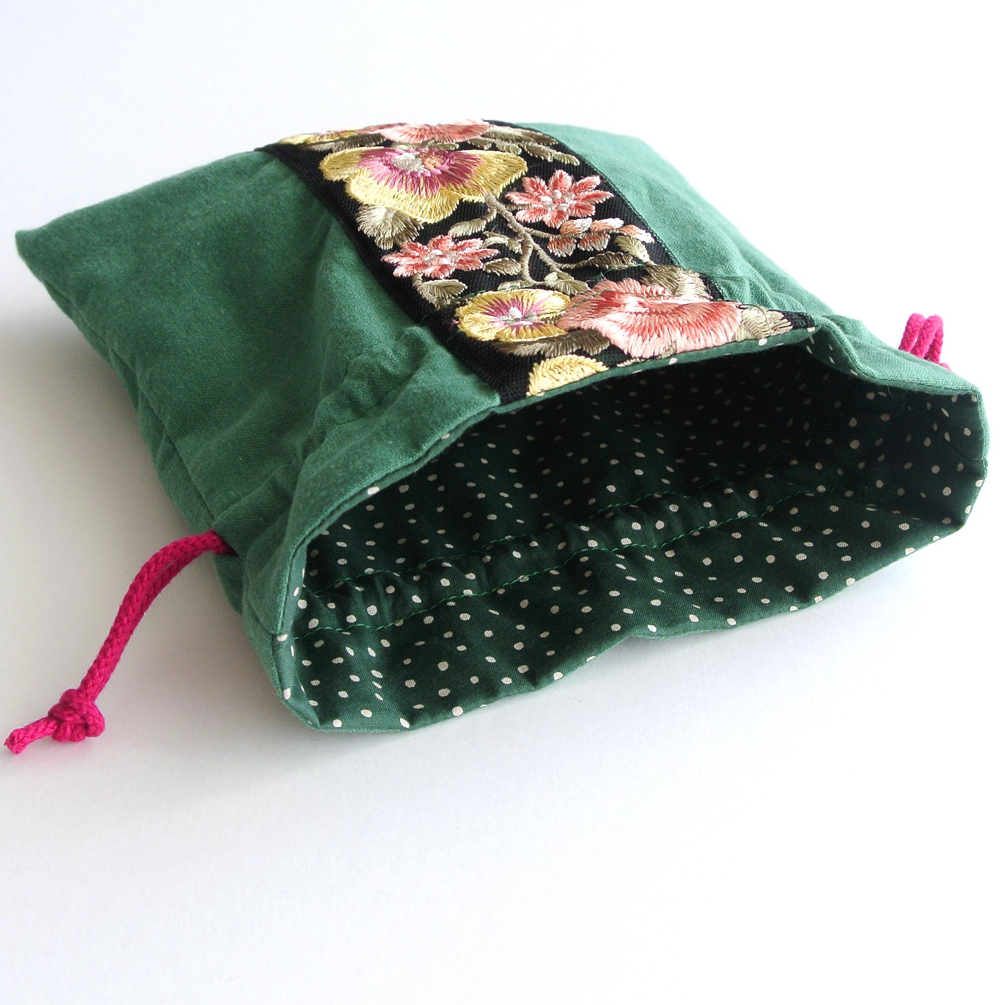 インド刺繍リボンの巾着ポーチ  　グリーン | 3枚目