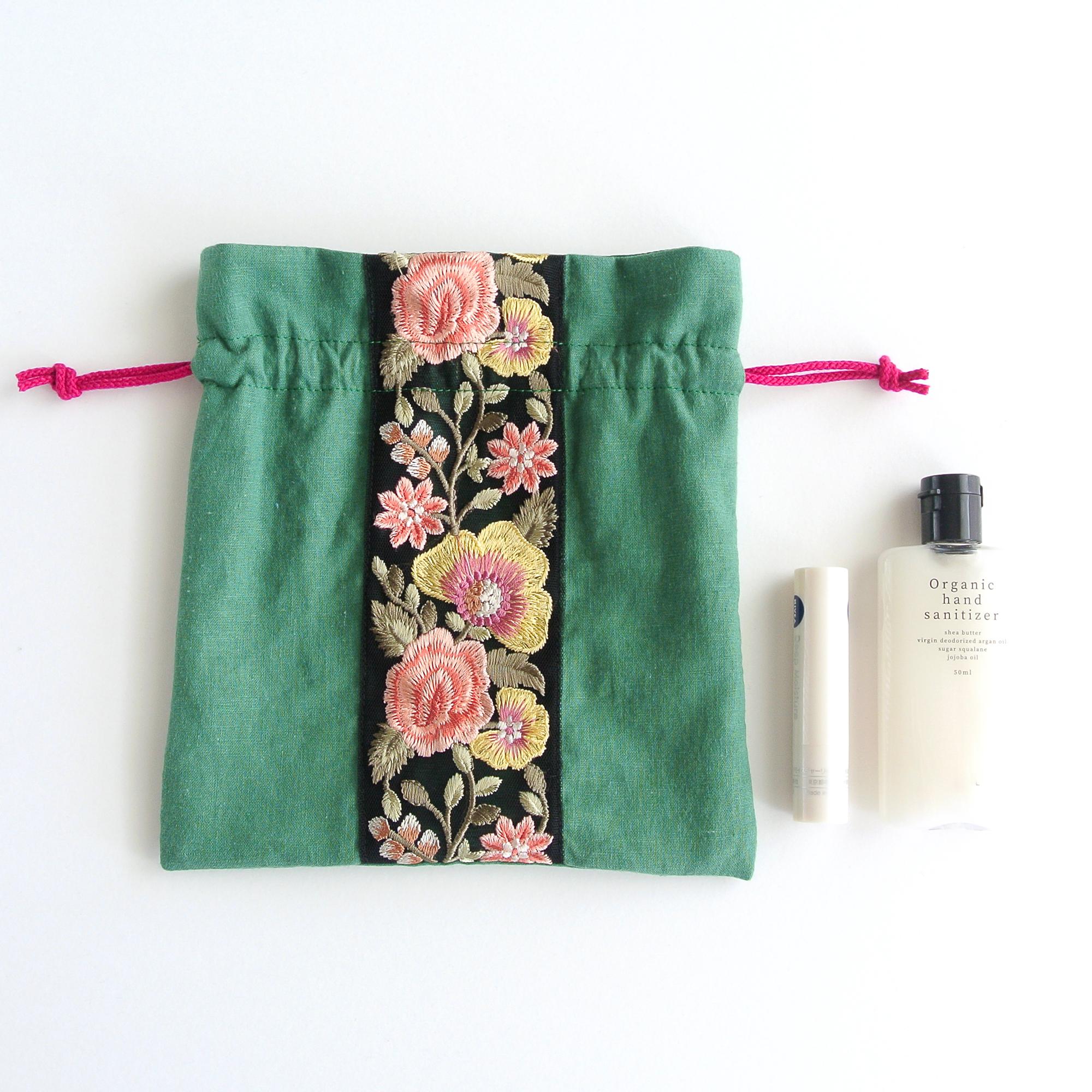 インド刺繍リボンの巾着ポーチ  　グリーン | 8枚目