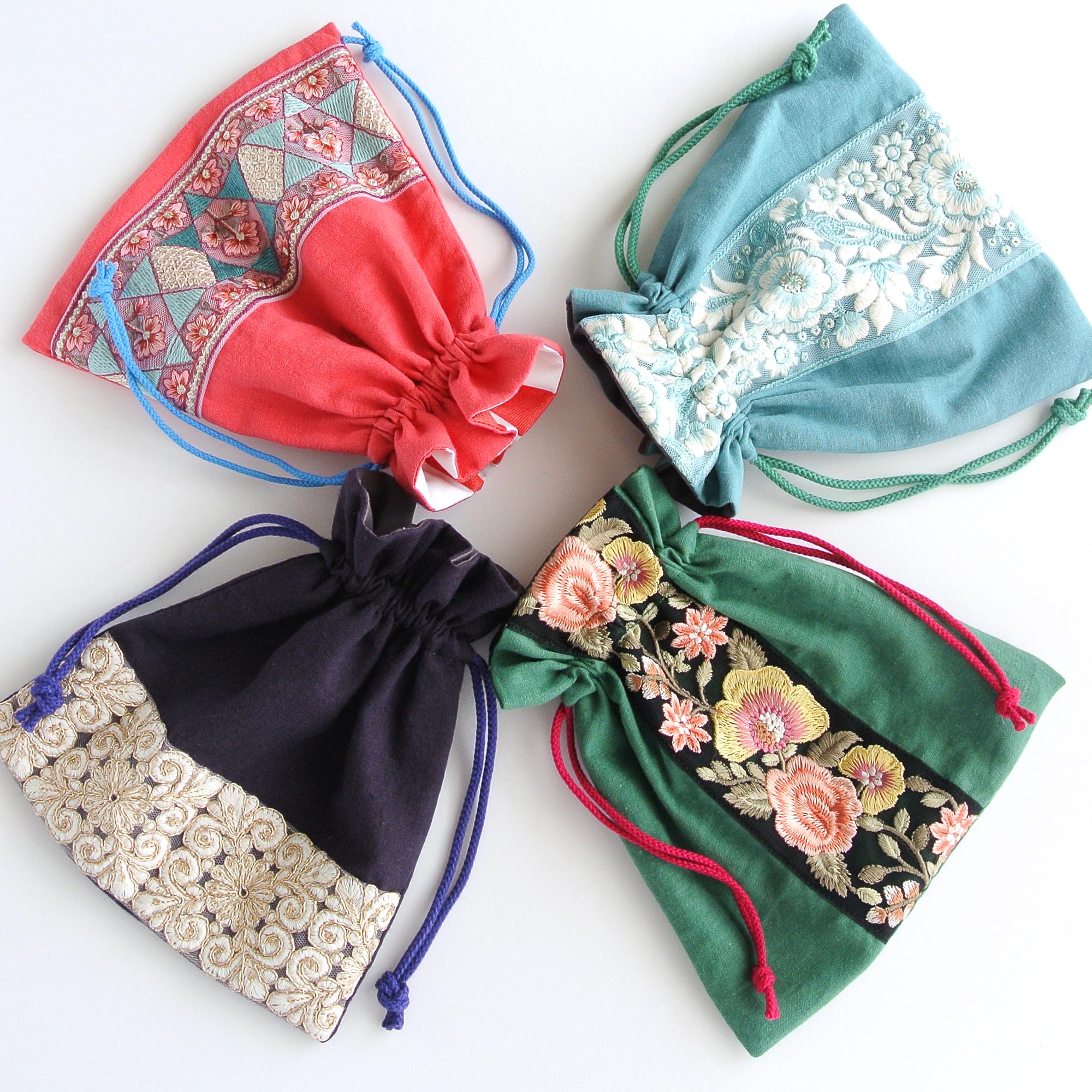 インド刺繍リボンの巾着ポーチ  　グリーン | 9枚目