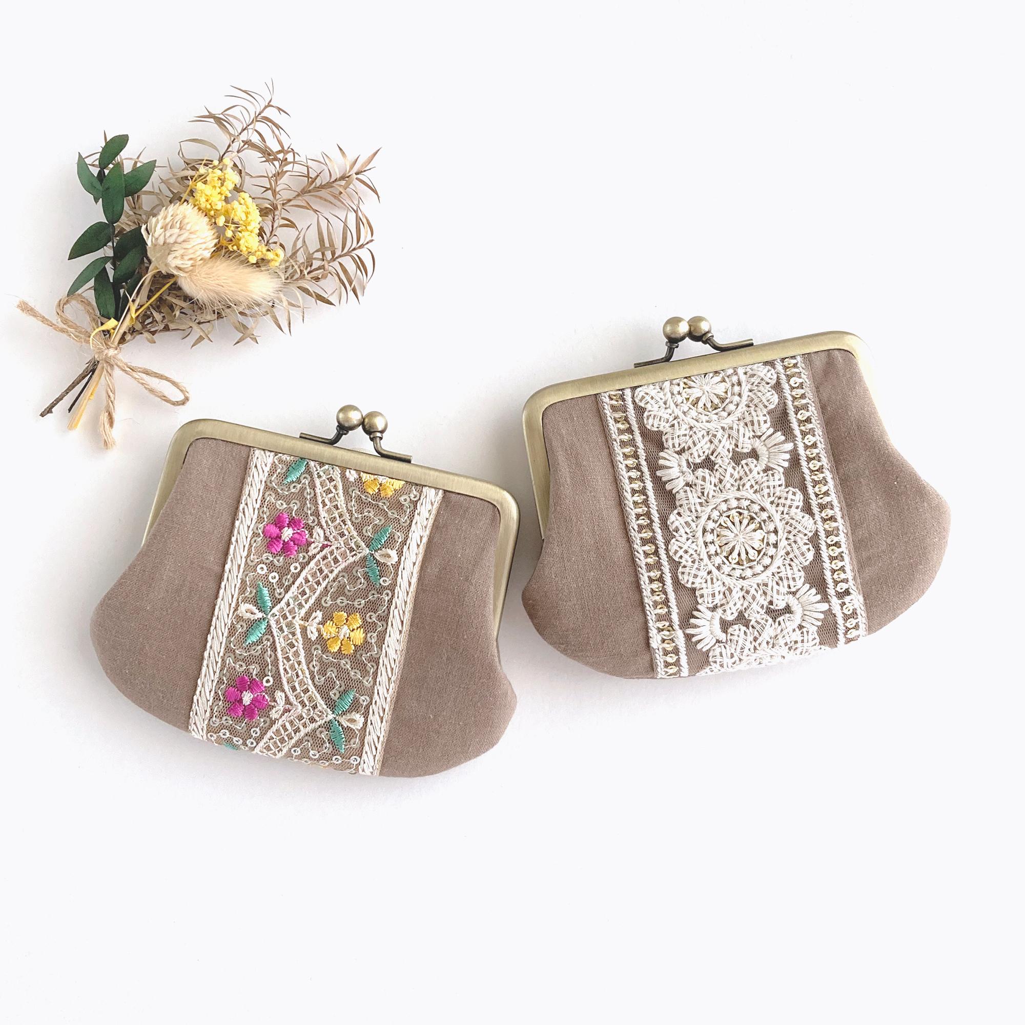 インド刺繍リボンのシンプルながま口 　ミニ財布　ライトブラウン | 9枚目