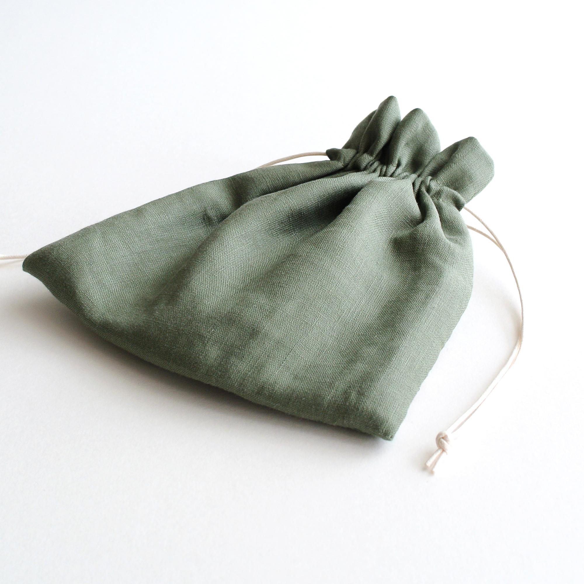 リネンとインド刺繍リボンの巾着ポーチ 　グリーン | 5枚目