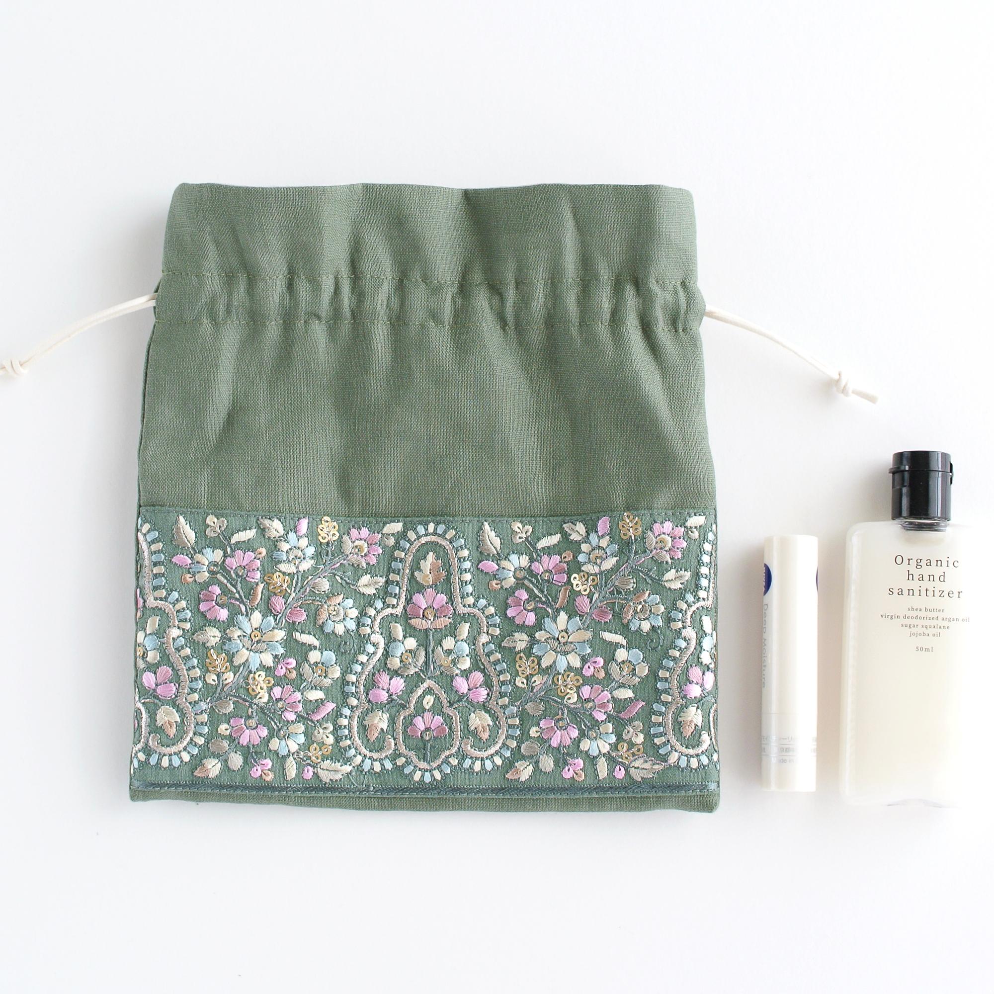 リネンとインド刺繍リボンの巾着ポーチ 　グリーン | 7枚目