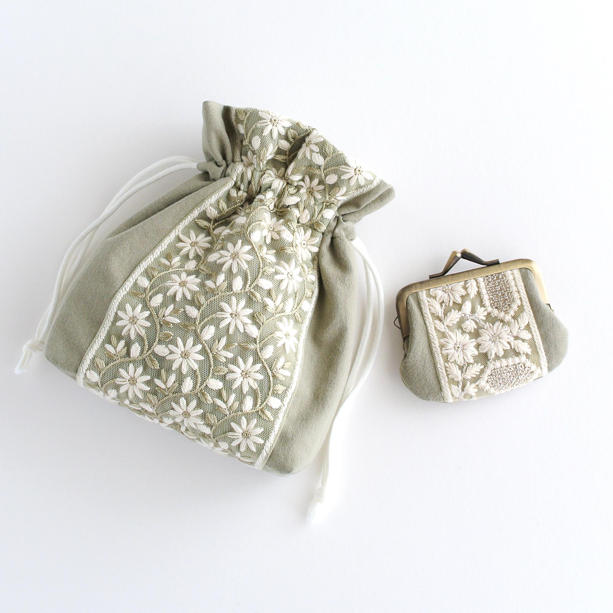 インド刺繍リボンのマチのある巾着ポーチ 　グリーン | 9枚目