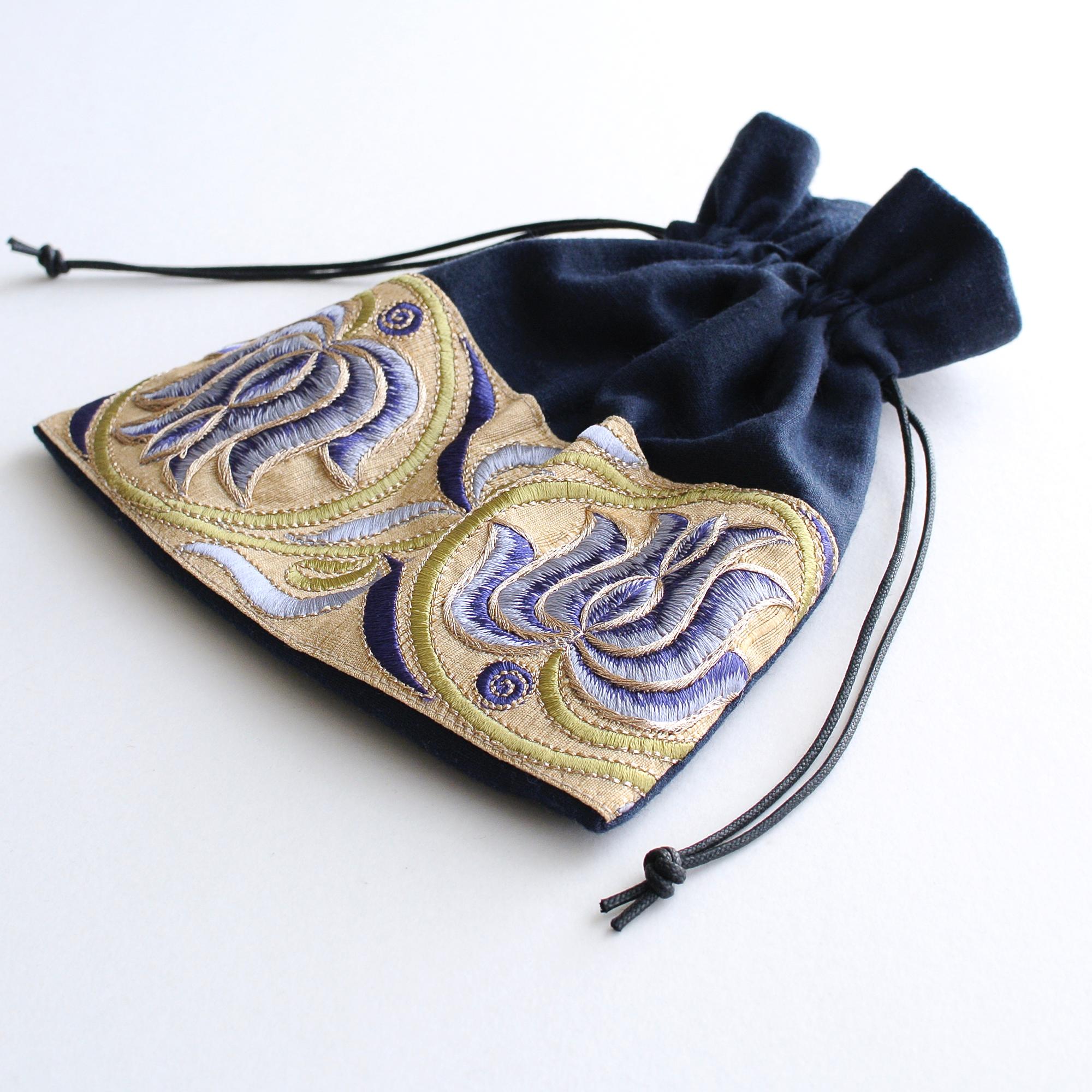 インド刺繍リボンの巾着ポーチ  　ネイビー | 5枚目