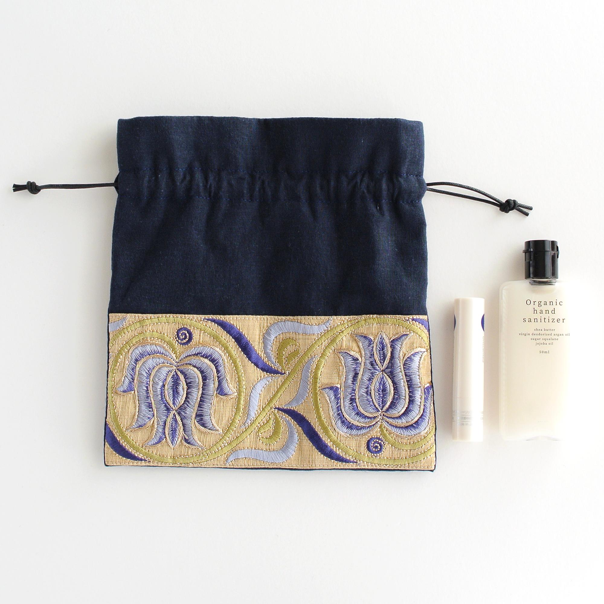 インド刺繍リボンの巾着ポーチ  　ネイビー | 8枚目