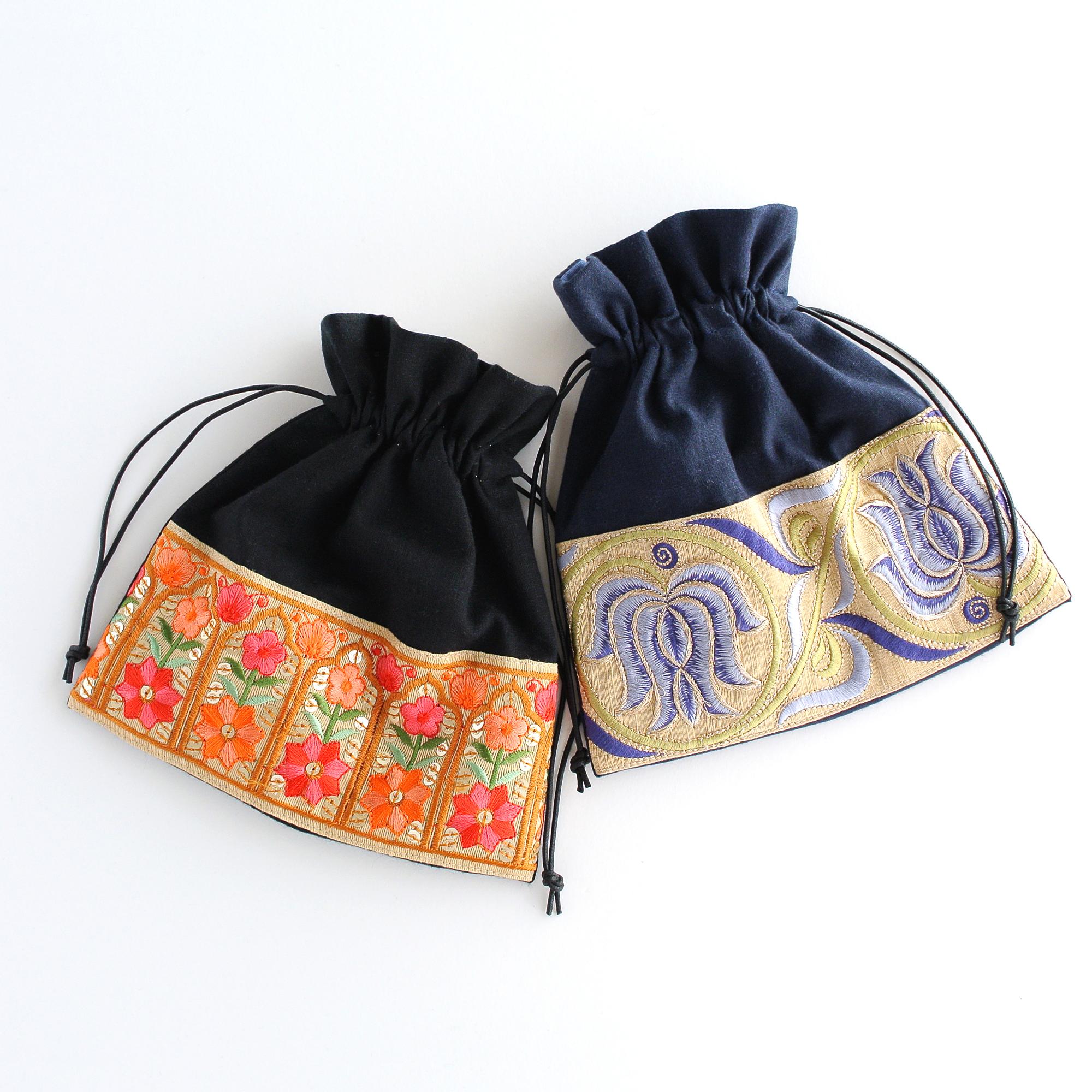 インド刺繍リボンの巾着ポーチ  　ネイビー | 9枚目