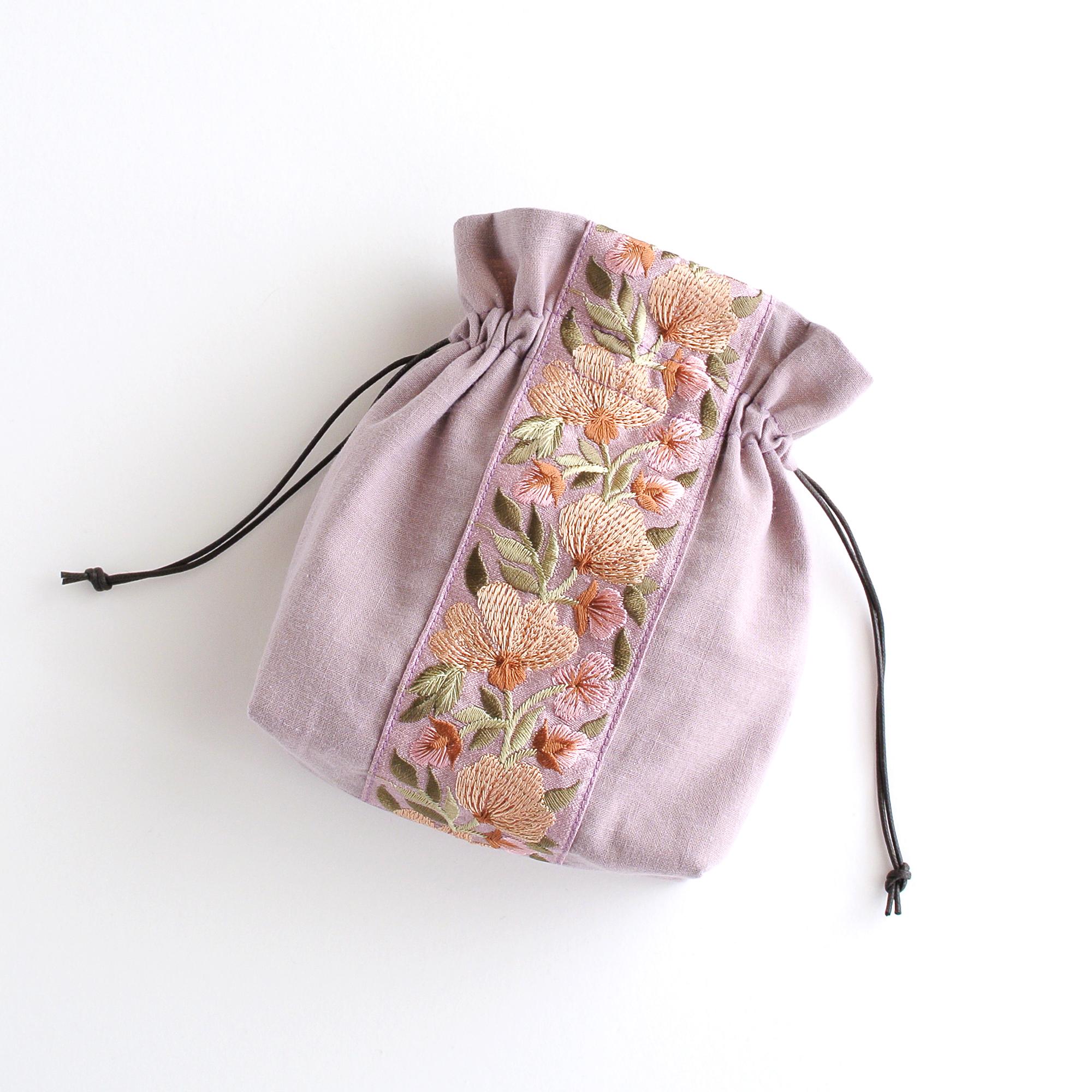 インド刺繍リボンのマチのある巾着ポーチ 　くすみ紫