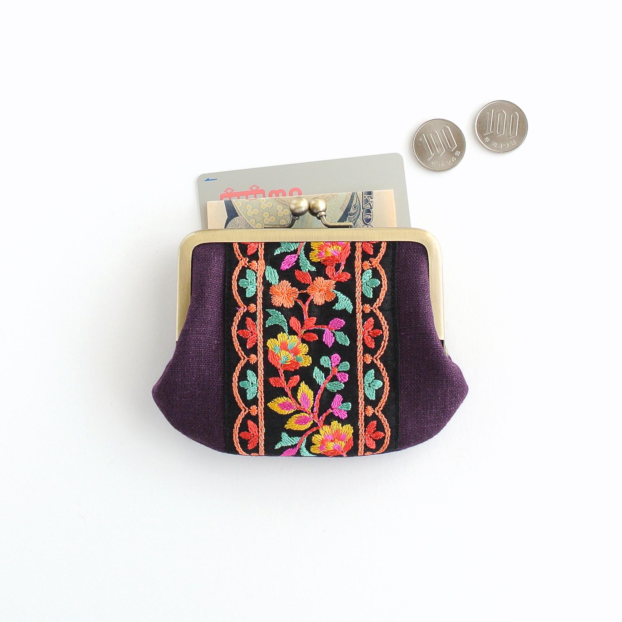 リネンとインド刺繍リボンのシンプルながま口 パープル | 8枚目