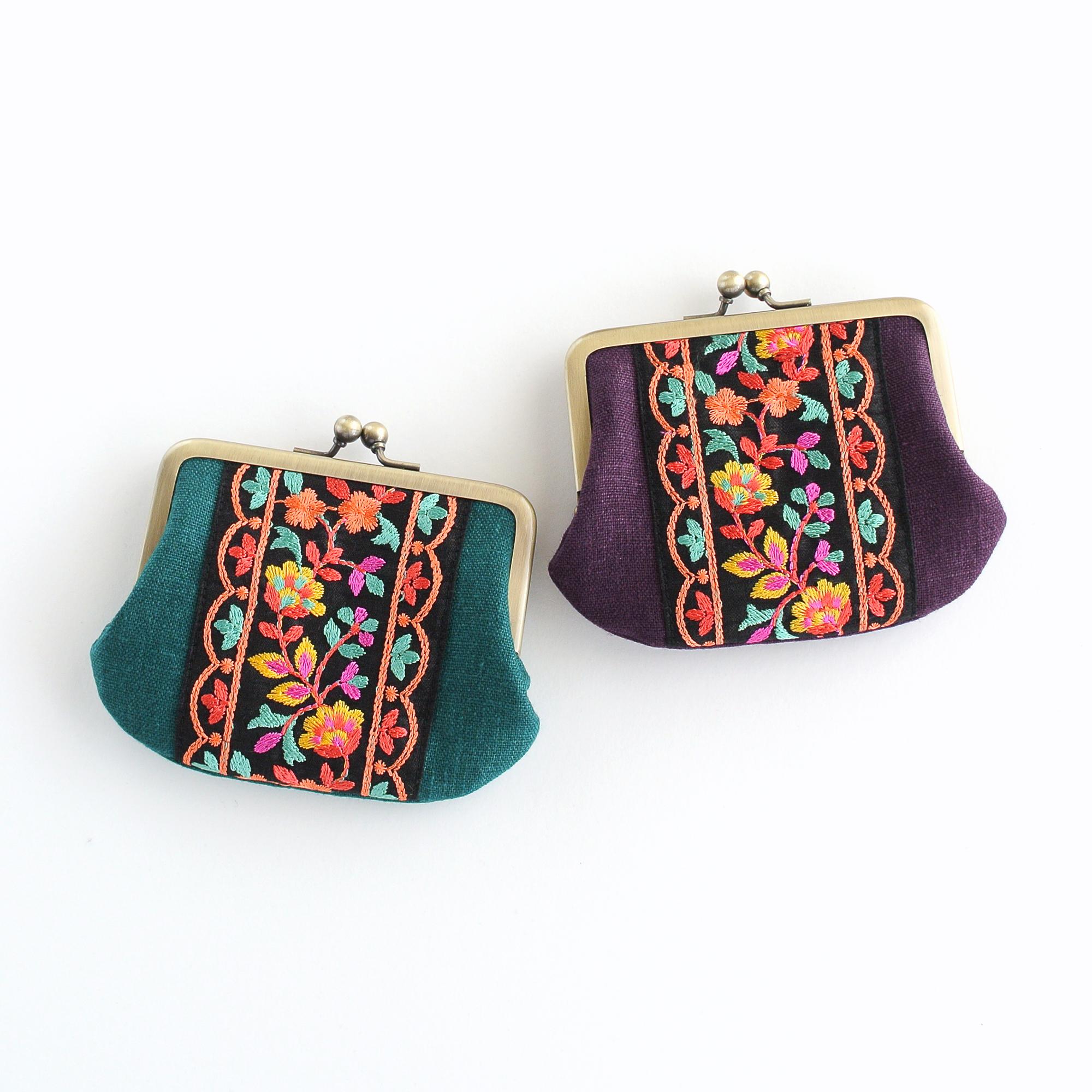 リネンとインド刺繍リボンのシンプルながま口 グリーン | 9枚目