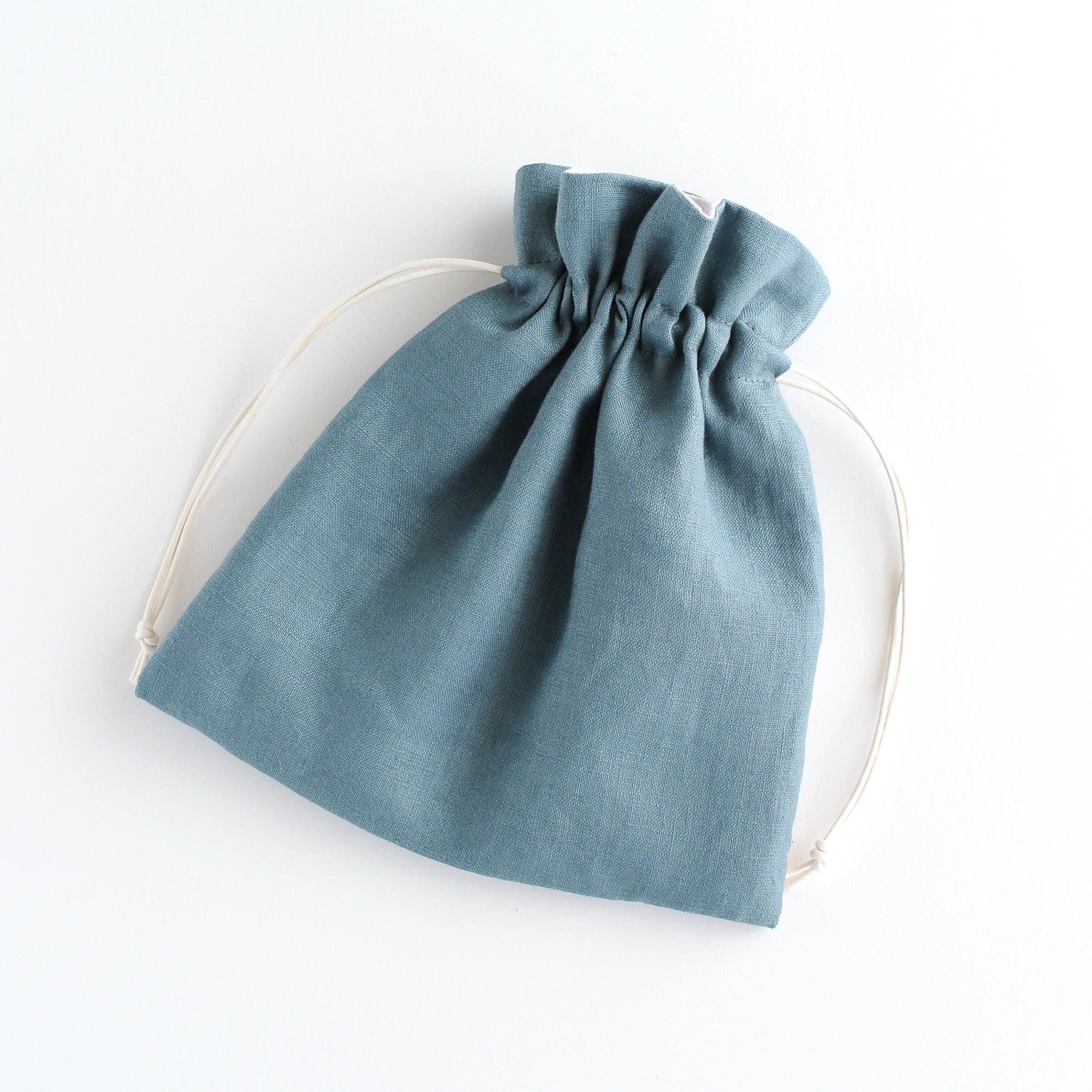 リネンとインド刺繍リボンの巾着ポーチ ブルー | 6枚目
