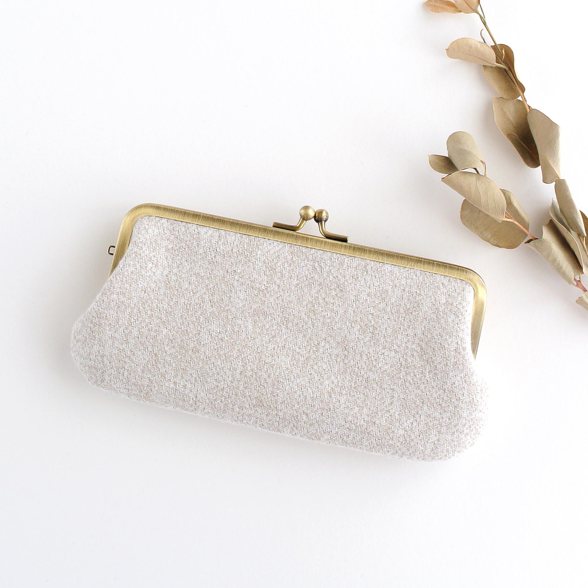 がま口ポーチ/ペンケース コットンツイード ベージュ | 1枚目