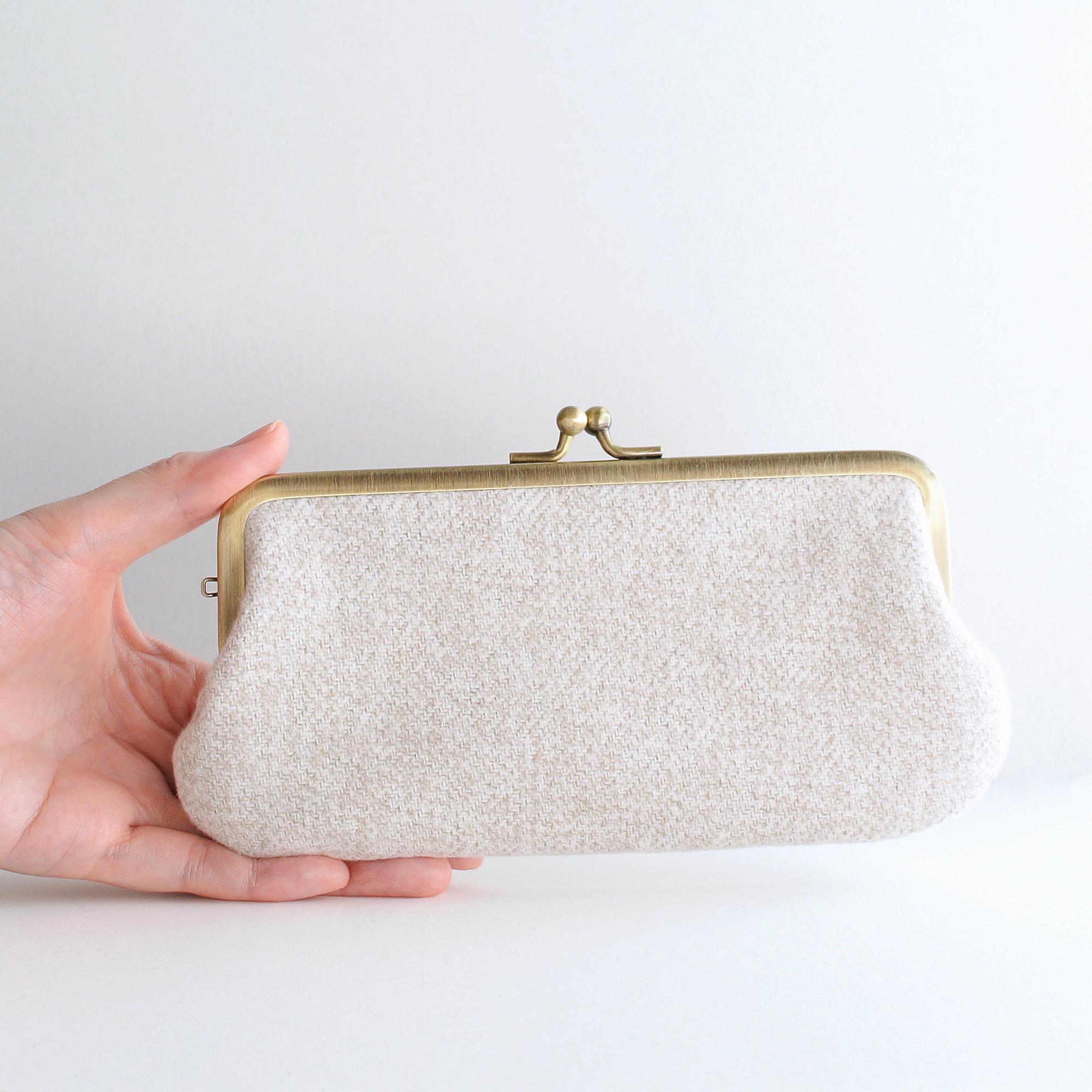 がま口ポーチ/ペンケース コットンツイード ベージュ | 2枚目