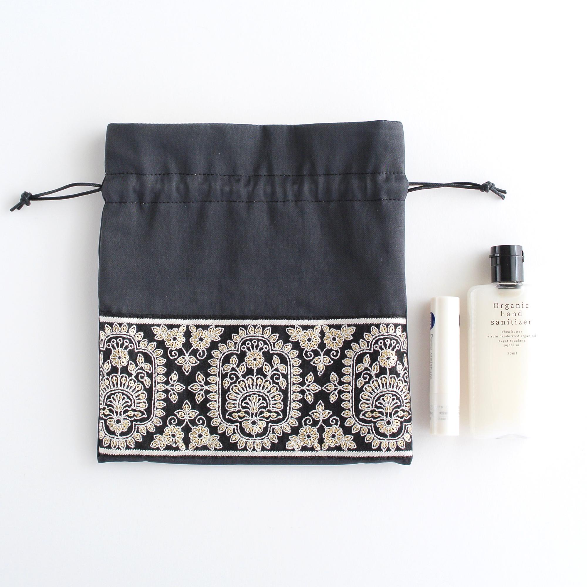 インド刺繍リボンの巾着ポーチ ブラック | 7枚目